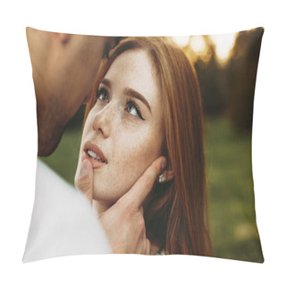 Personality  Portrait Of A Red Haired Woman With Freckles And Green Eyes Looking At Her Boyfriend While He Is Touching Her Lips With A Finger Against Sunset While Dating Pillow Covers