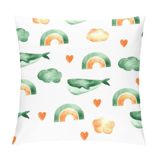 Personality  A Seamless Watercolor Pattern With Whales, Clouds, Rainbows, And Hearts. Children's Illustration With Air Sea Whales, Rainbows For Decoration Of Children's Clothing, Fabrics, Rooms.  Pillow Covers