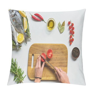 Personality  Cropped Image Of Woman Cutting Tomato By Knife On Wooden Board Near Raw Fish On Table Pillow Covers