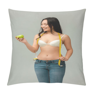 Personality  Cheerful And Overweight Asian Girl Holding Measuring Tape And Apple Isolated On Grey  Pillow Covers