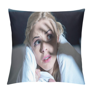 Personality  Selective Focus Of Frightened Woman Covered In White Blanket Looking Away Pillow Covers