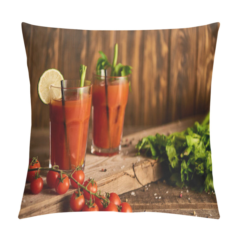 Personality  Bloody Mary Cocktail In Glasses On Wooden Background With Salt, Pepper, Tomatoes And Celery Pillow Covers