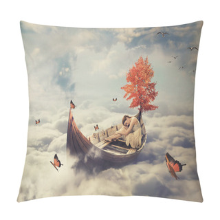 Personality  Young Lonely Beautiful Woman Drifting On A Boat Above Clouds. Dreamy Screensaver Pillow Covers
