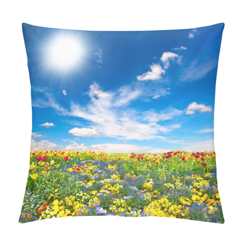 Personality  Flowerbed. Colorful Flowers Over Blue Sky Pillow Covers
