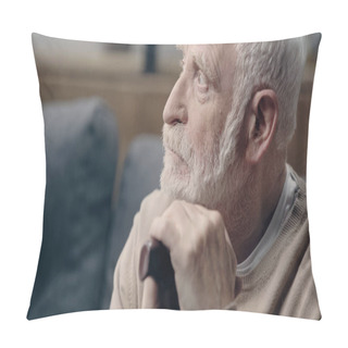 Personality  Upset Senior Man With Dementia Holding Walking Cane And Looking Away Pillow Covers