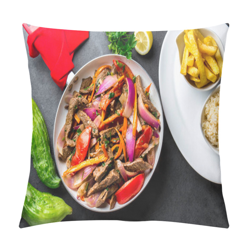 Personality  Peruvian Dish Lomo Saltado - Beef Tenderloin With Purple Onion, Yellow Chili, Tomatoes In Pan, Fried Potatoes French Fries And Rice On Slate Background. Tot View Pillow Covers