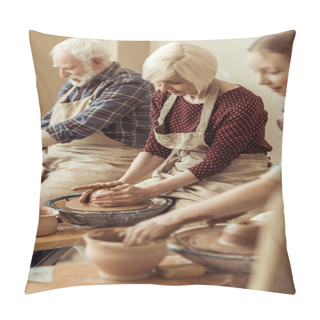 Personality  Grandmother And Grandfather With Granddaughter Making Pottery At Workshop Pillow Covers