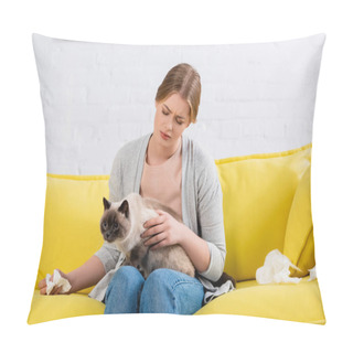 Personality  Woman With Allergy Holding Napkin And Siamese Cat On Couch  Pillow Covers