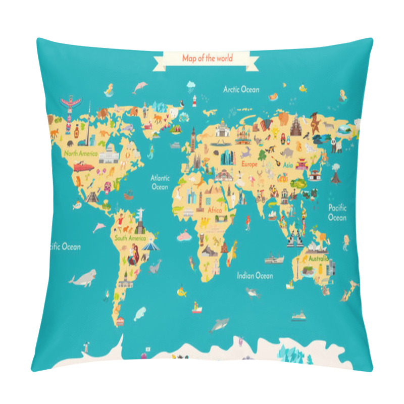 Personality  World Map Vector Illustration With Landmarks. Travel Map With Landmarks, Animals And Sight Of Country.  Pillow Covers