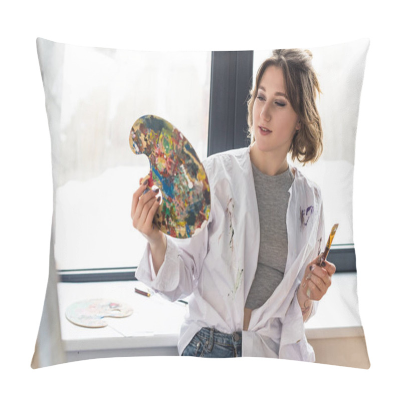 Personality  Young Creative Girl Looking At Palette In Light Studio Pillow Covers