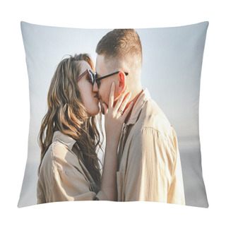 Personality  Stylish Couple In Love In Brown Shirts On A Walk In The Mountains Near The Lake After The Engagement, Happy Guy And Girl Hugging, True  Story For Valentine's Day Pillow Covers