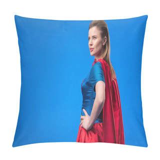 Personality  Side View Of Beautiful Woman In Superhero Costume Standing Akimbo Isolated On Blue Pillow Covers