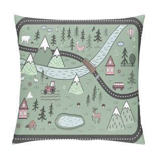 Personality  Cute Road Play Mat In Scandinavian Style. Vector River, Mountains And Woods Adventure Map With Houses, Wood, Field, And Animals. Pillow Covers