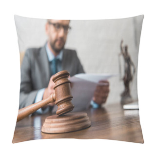 Personality  Close-up View Of Wooden Hammer And Judge Working With Papers Behind  Pillow Covers