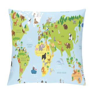 Personality  Funny Cartoon World Map With Traditional Animals Of All The Continents And Oceans. Vector Illustration. Pillow Covers