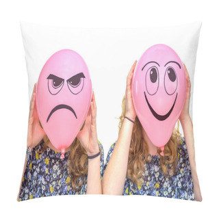 Personality  Two Girls Holding Pink Balloons With Facial Expressions Pillow Covers