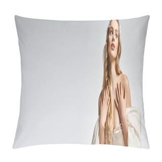 Personality  A Young, Blonde Woman Exudes Elegance In A White Dress, Striking A Pose For A Captivating Shot In A Studio Setting. Pillow Covers