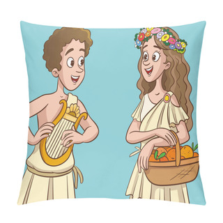 Personality  Greek Woman And Man With Harp And Basket Of Fruits. Vector Illustration Pillow Covers
