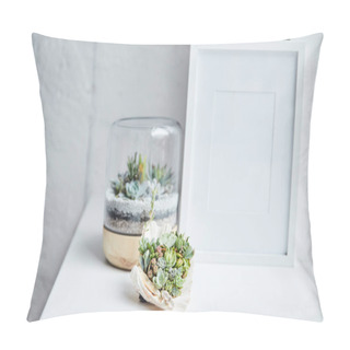 Personality  Selective Focus Of Green Succulents In Flowerpot And Seashell Near Empty Photo Frame On White Surface, Home Decor Pillow Covers