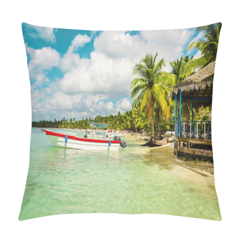 Personality  Boat Moored Off The Coast Of The Island Pillow Covers