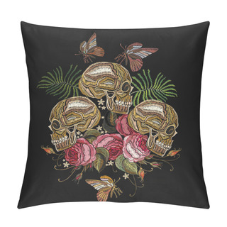 Personality  Gothic Romantic Embroidery Human Skulls And Red Roses. Fashion Template For Clothes, Textiles, T-shirt Design. Embroidery Skulls, Roses Flowers And Butterfly Pillow Covers