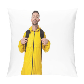 Personality  Happy Delivery Man With Backpack Isolated On White  Pillow Covers