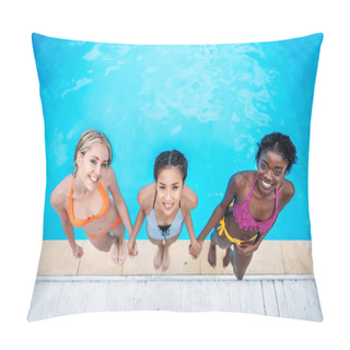 Personality  Multiethnic Women Near Swimming Pool Pillow Covers