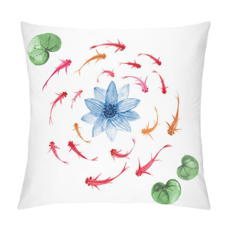 Personality  Little Red And Orange Fish And Blue Lotus Flower Hand Drawn With Ink. Traditional Oriental Ink Painting Sumi-e, U-sin, Go-hua. Pillow Covers