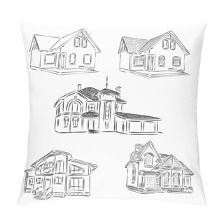 Personality  Set Of Different Houses, Detached, Single Family Houses With Gardens And Garage. Hand Drawn Cartoon Vector Illustration. Pillow Covers