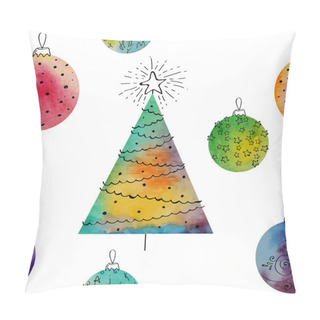 Personality  Vector Watercolor Balls And Christmas Tree Seamless Pattern With Hand Drawn Elementss. Can Be Used For Web Pages, Printing, Textile, Wrapping Etc. On White Background Pillow Covers
