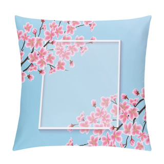 Personality  Blossom Sakura Or Cherry Flowers On A Blank Frame Vector Illustration On A Blue. Pillow Covers