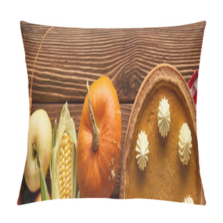 Personality  Panoramic Shot Of Checkered Tablecloth With Autumn Fruit, Vegetables And Pumpkin Pie On Wooden Surface Pillow Covers