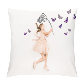 Personality  Top View Of Cheerful Kid In Pink Dress Holding Butterfly Net Near Butterflies On White  Pillow Covers