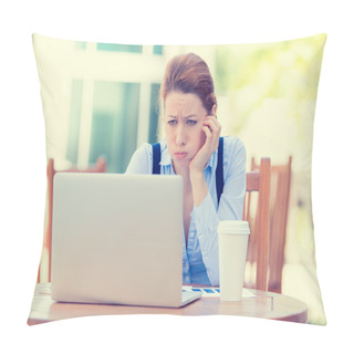 Personality  Displeased Worried Business Woman Sitting In Front Of Laptop Computer Pillow Covers