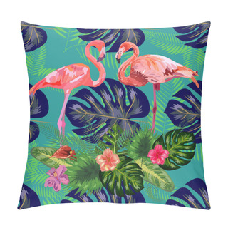 Personality  Pink Exotic Flamingo Wading Birds Couple. Seamless Pattern Texture. Green Tropical Jungle Rainforest Palm Tree Leaves. Pillow Covers