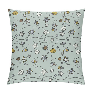 Personality  Vector Sea Seamless Pattern With Handdrawn Starfishes, Fishes, Shells, Sea Turtles. Pillow Covers