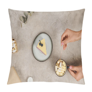 Personality  Cropped View Of Woman With Tea Spoon Near Hot Chocolate With Marshmallows And Christmas Pudding Pillow Covers