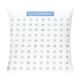 Personality  Government Line Icons Collection. Authority, Legislation, Bureaucracy, Democracy, Regulation, Rule, Security Vector Illustration. Economics, Politics, Law Outline Signs Pillow Covers