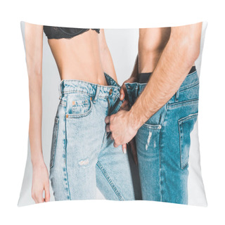 Personality  Partial View Of Sexy Couple Taking Off Jeans Isolated On Grey Pillow Covers