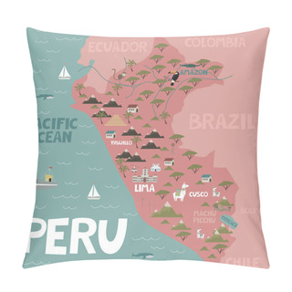 Personality Illustration Map Of Peru With City, Landmarks And Nature. Editable Vector Illustration Pillow Covers