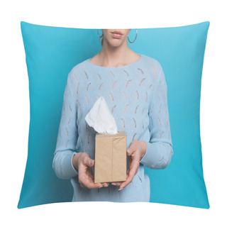 Personality  Cropped View Of Upset Girl Holding Pack Of Paper Napkins On Blue Background Pillow Covers