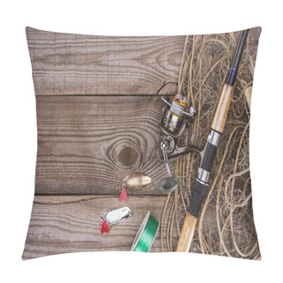 Personality  Top View Of Reel, Fishing Rod, Bait And Fishing Net On Wooden Background  Pillow Covers