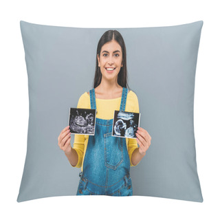 Personality  Smiling Pregnant Pretty Girl Holding Fetal Ultrasound Images Isolated On Grey Pillow Covers