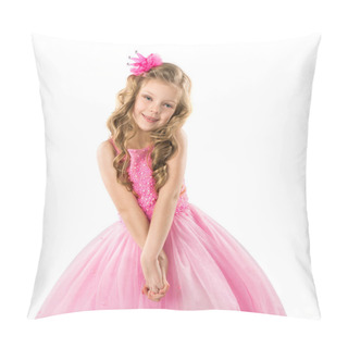 Personality  Cute Little Girl In Pink Princess Dress, Isolated On White Background Pillow Covers