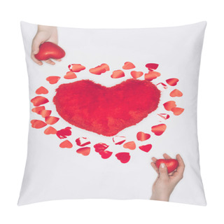 Personality  Top View Of Furry Pillow In Shape Of Heart Surrounded Iwth Tiny Hearts Isolated On White With Female Hands Pillow Covers