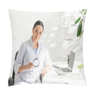 Personality  Attractive Dermatologist Sitting At Table And Holding Magnifying Glass In Clinic  Pillow Covers