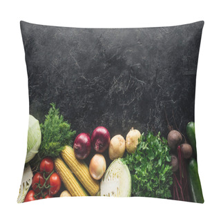 Personality  Flat Lay With Food Composition Of Autumn Harvest On Black Marble Surface Pillow Covers