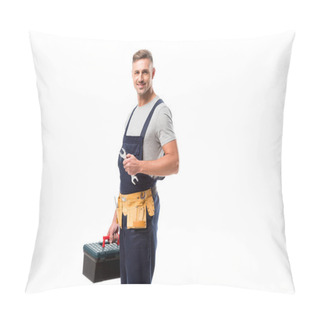 Personality  Handsome Worker Holding Tool Box, Wrench And Looking At Camera Isolated On White Pillow Covers