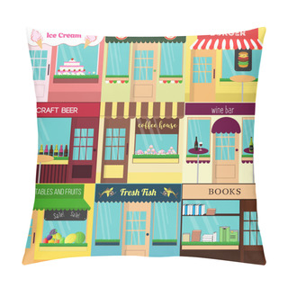 Personality  Cool Set Of Vector Detailed Flat Design Restaurants And Shops Facade Icons. Ideal For Business Web Publications And Graphic Design Pillow Covers