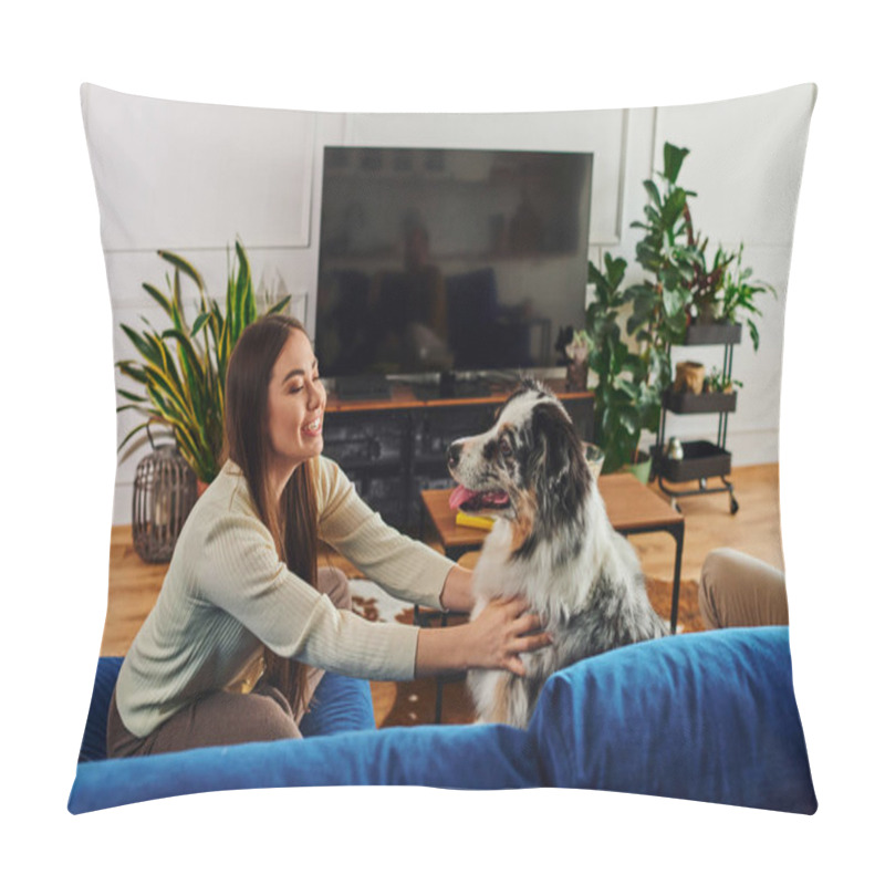Personality  Cheerful Woman In Casual Clothes Hugging Border Collie Dog While Sitting On Couch In Living Room Pillow Covers